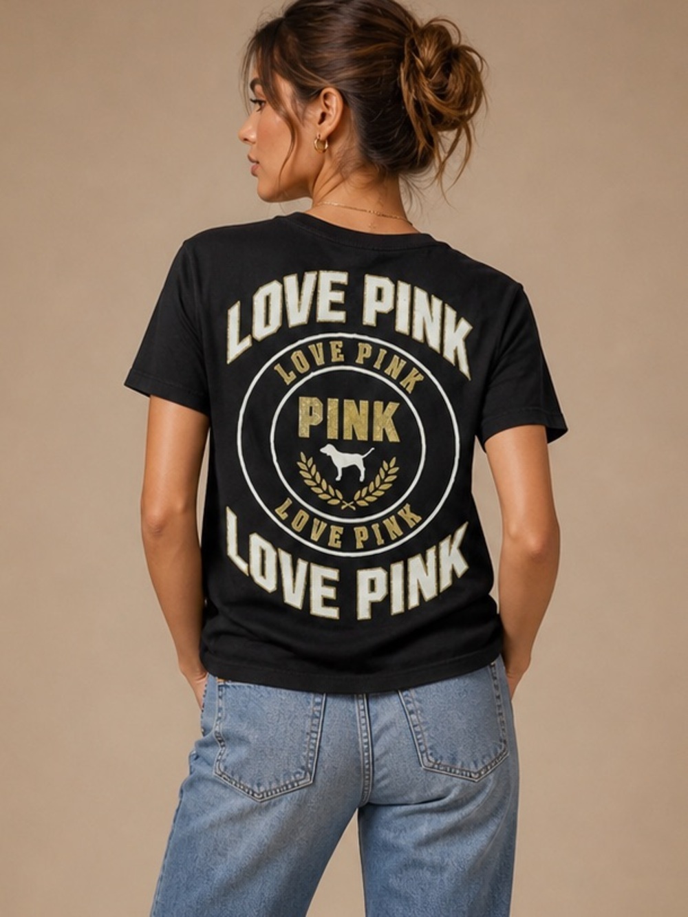PINK Victoria’s Secret Black Gold Logo Tee Long Sleeve L